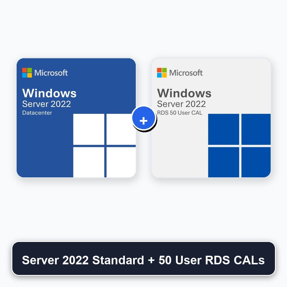 Microsoft Windows Server 2022 Standard + 50 User RDS CALs Bundle - Genuine Digital License Key Box Art Cover