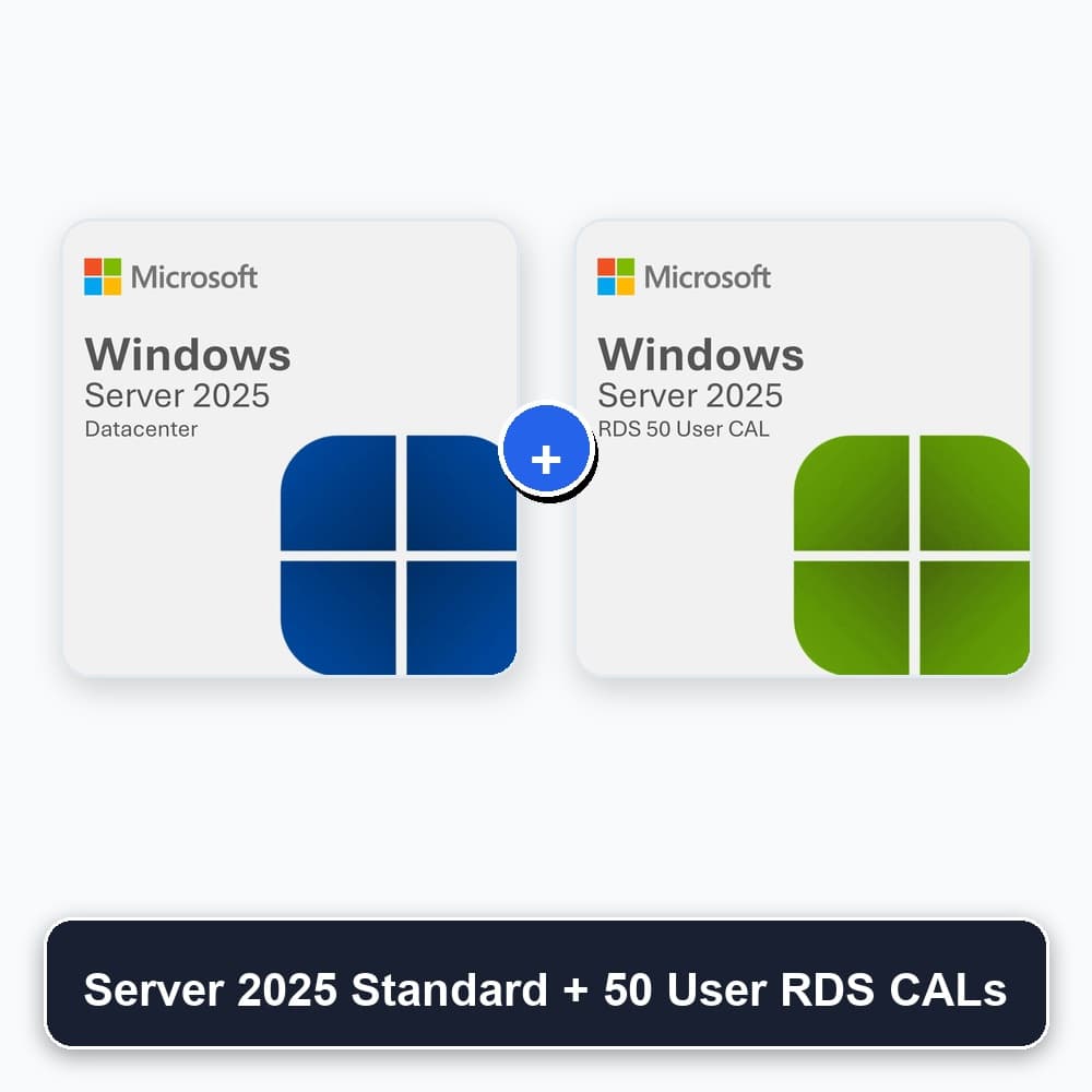 Microsoft Windows Server 2025 Standard + 50 User RDS CALs Bundle - Genuine Digital License Key Box Art Cover